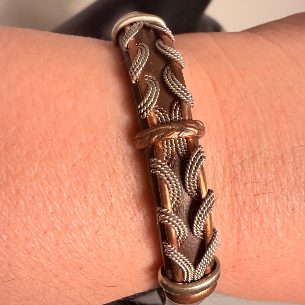 Brown Leather Cuff Bracelet Copper & Silver Tone Wire Wrapped Boho